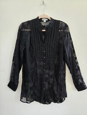 Coldwater Creek Black Sheer Lace Button Down Intracate Blouse Size M (10-12)